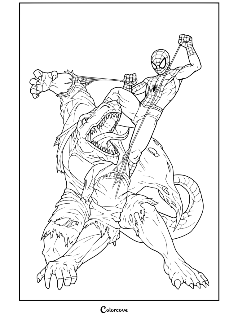 Dibujo para colorear de Spider-Man luchando contra El Lagarto, envolviendo con telarañas los brazos y la boca de El Lagarto