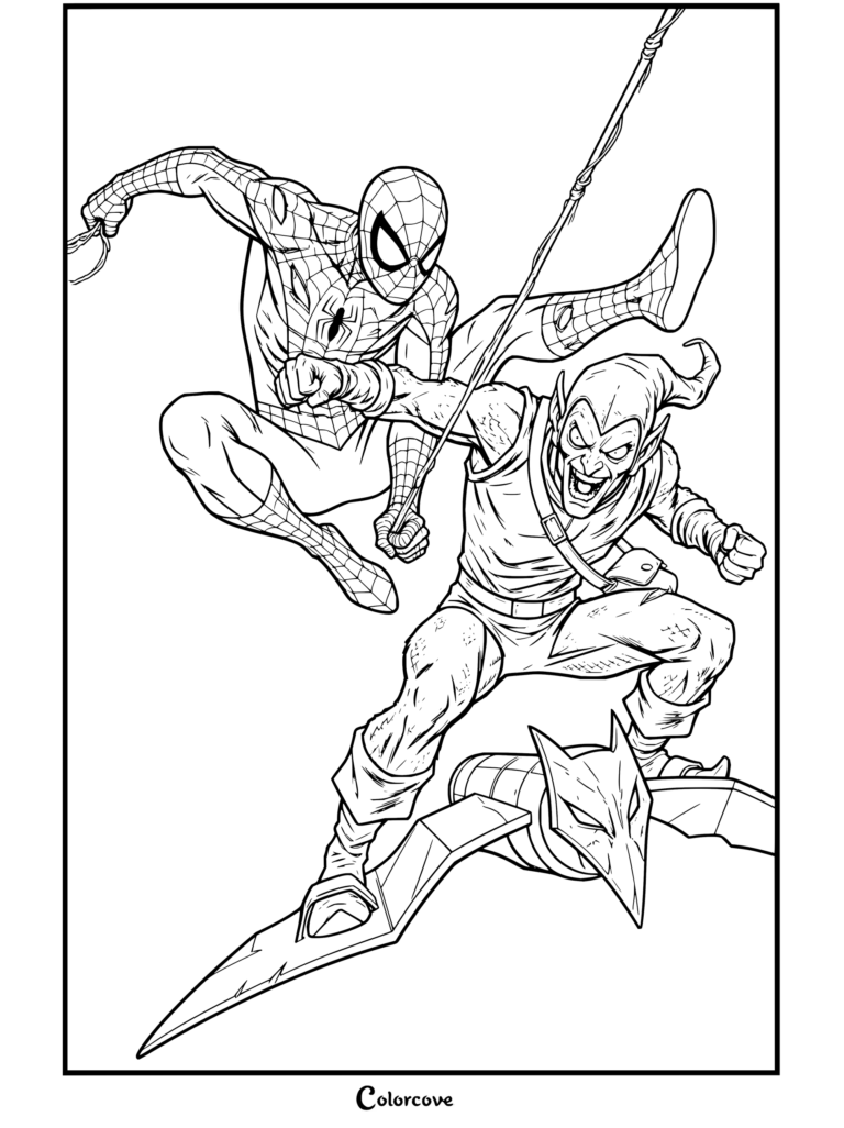 Dibujo para colorear de Spider-Man saltando por el aire y luchando contra el Duende Verde sobre su planeador en la ciudad