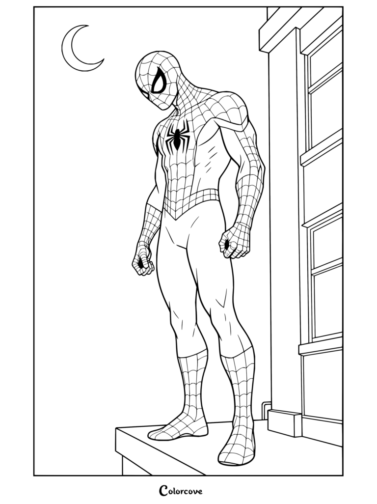 Dibujo para colorear de Spider-Man de pie en una azotea lluviosa con vistas a Nueva York de noche