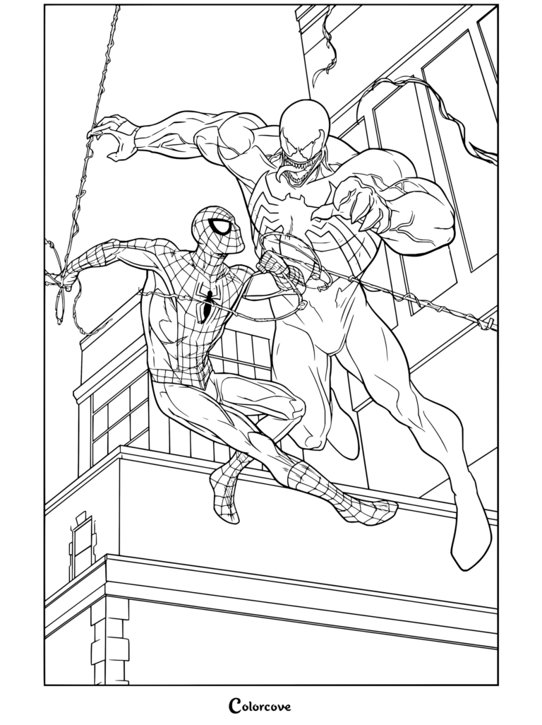 Dibujo para colorear de Spider-Man balanceándose para huir de Venom en la azotea de un edificio