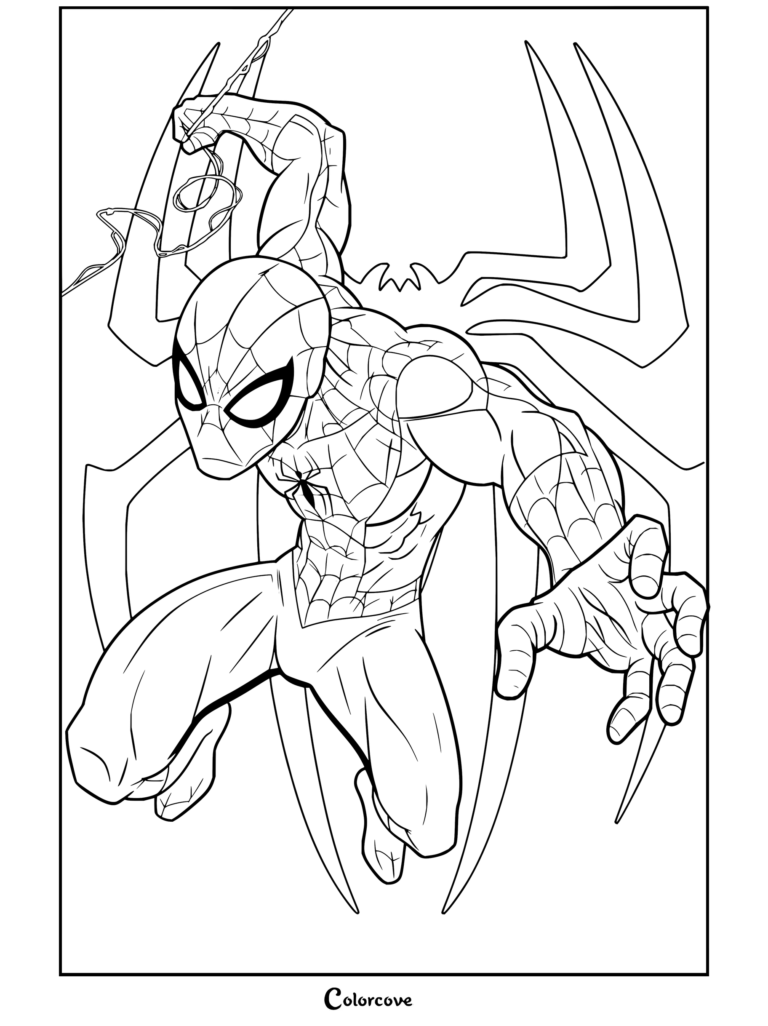 Dibujo para colorear de Spiderman en una pose dinámica balanceándose con su lanza-telarañas en acción