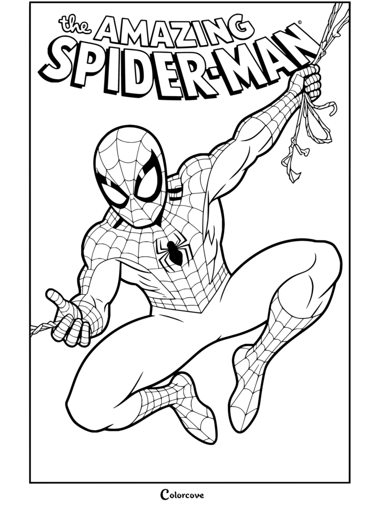 Dibujo estilo cómic para colorear e imprimir de Spider-Man balanceándose por el horizonte de Nueva York