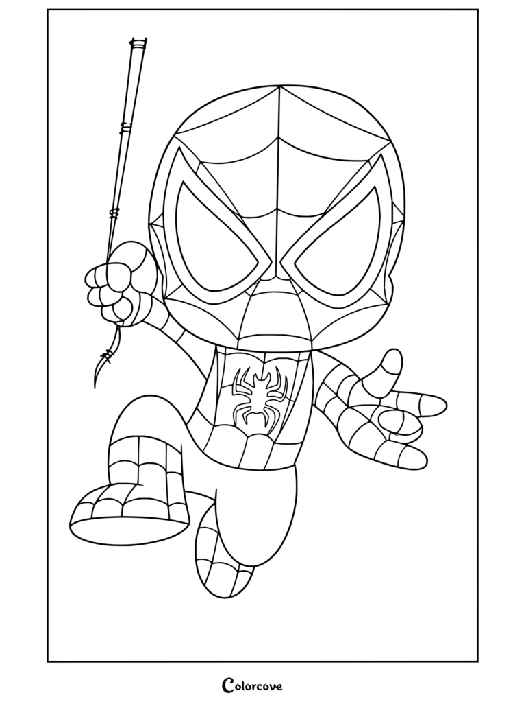 Dibujo para colorear de Spiderman estilo chibi balanceándose con un lanza-telarañas con su traje clásico