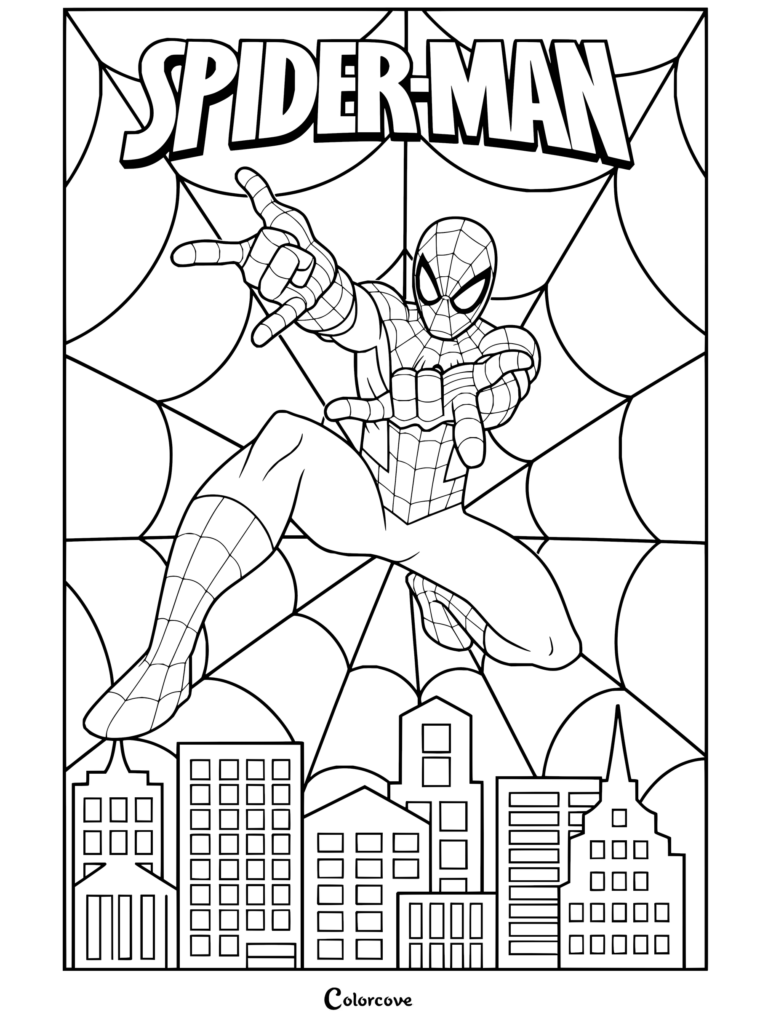 Dibujo para colorear de Spider-Man balanceándose con telarañas sobre el paisaje urbano