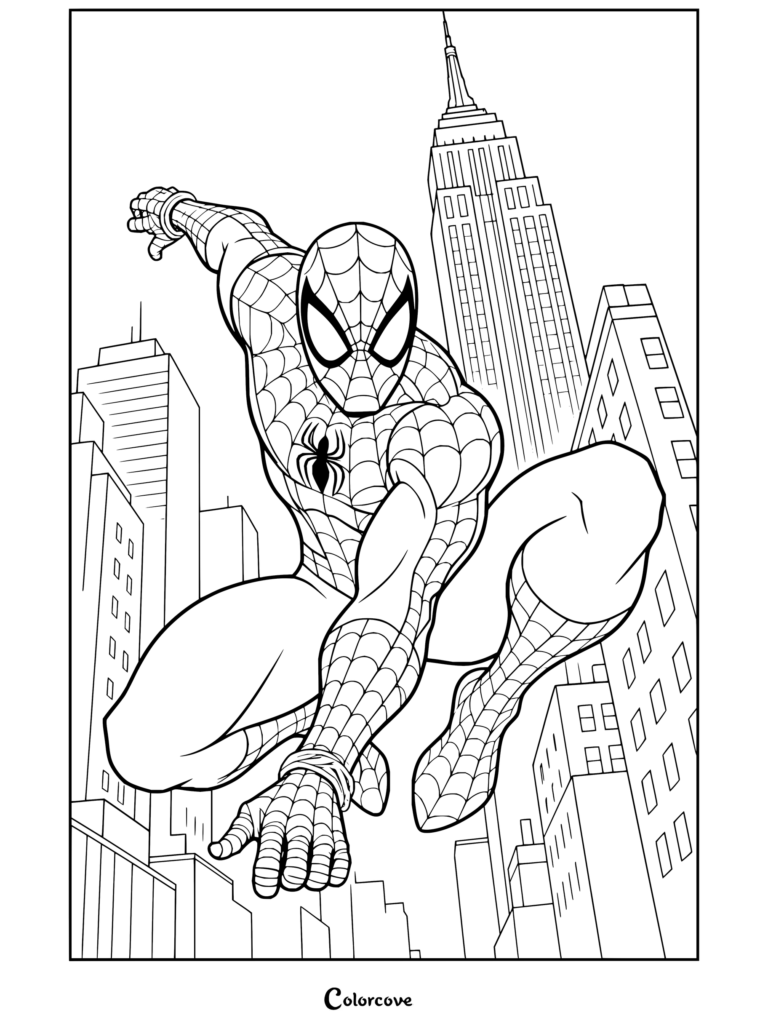 Dibujo para colorear de Spiderman agachado dinámicamente lanzando telarañas ante el horizonte de Nueva York con el Empire State Building