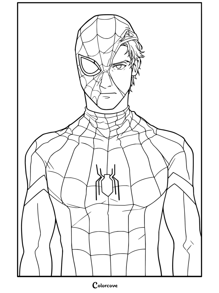 Dibujo estilo cómic para colorear de Spiderman con la máscara rota revelando el rostro herido de Peter Parker
