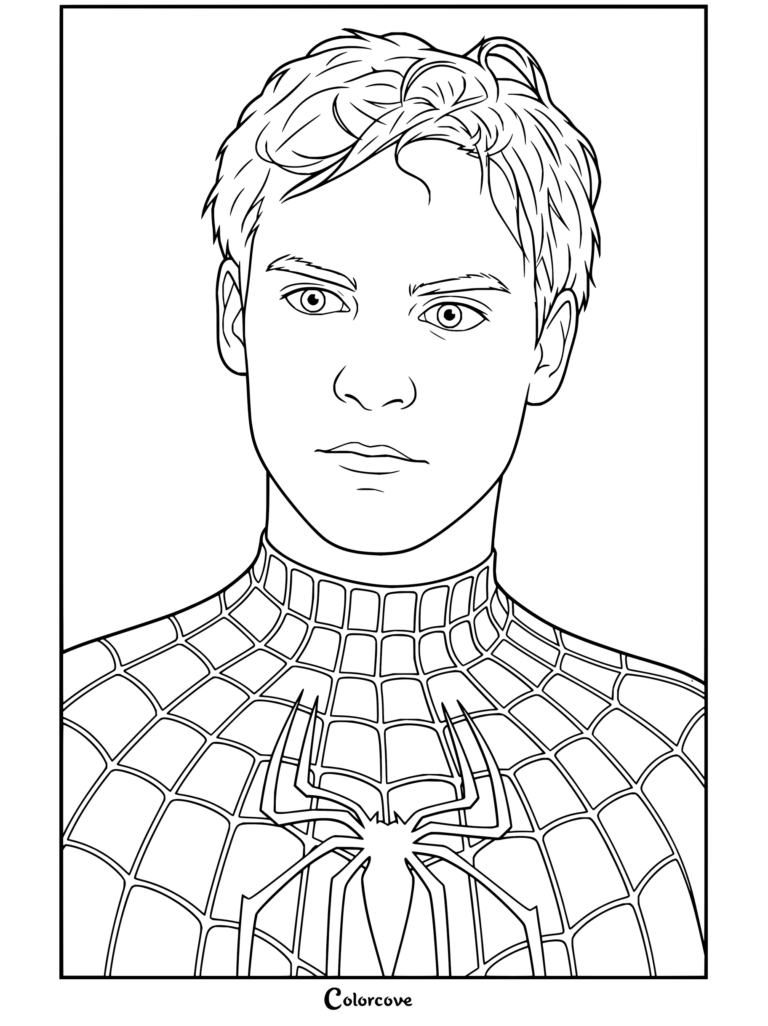 Dibujo para colorear de Spiderman con Tobey Maguire como Peter Parker sin máscara y con gesto preocupado con su traje