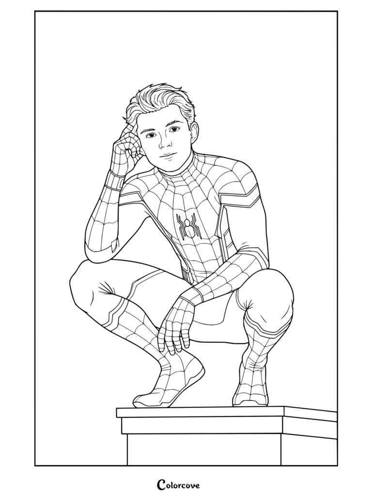 Dibujo para colorear del Spider-Man de Tom Holland agachado en una cornisa sin máscara y tocándose la cabeza