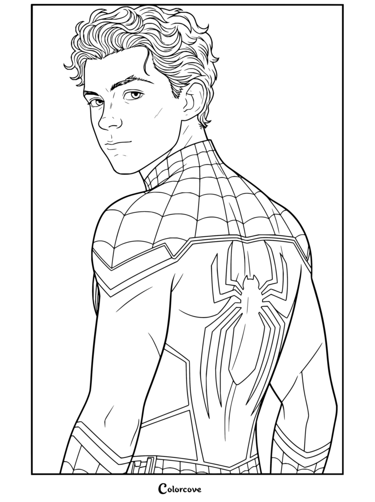 Dibujo para colorear del Spiderman de Tom Holland mirando sobre el hombro con su traje rojo y azul con detalles negros