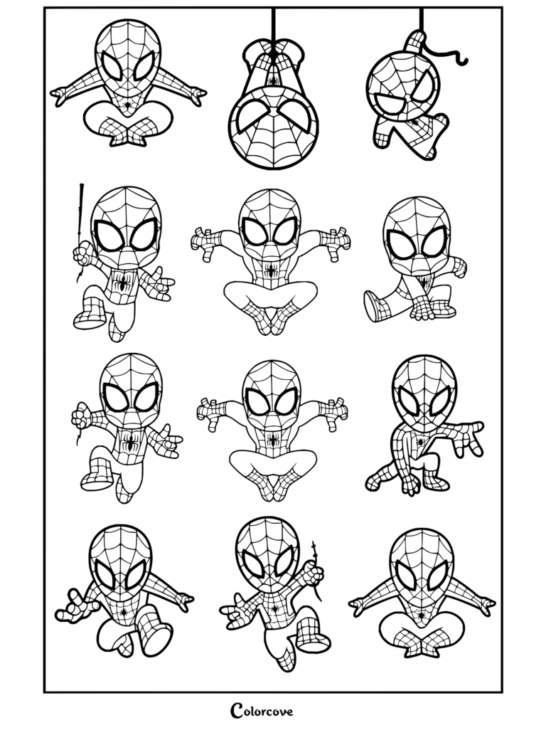 Dibujo para colorear de doce pegatinas chibi de Spiderman en diversas posturas y expresiones dinámicas