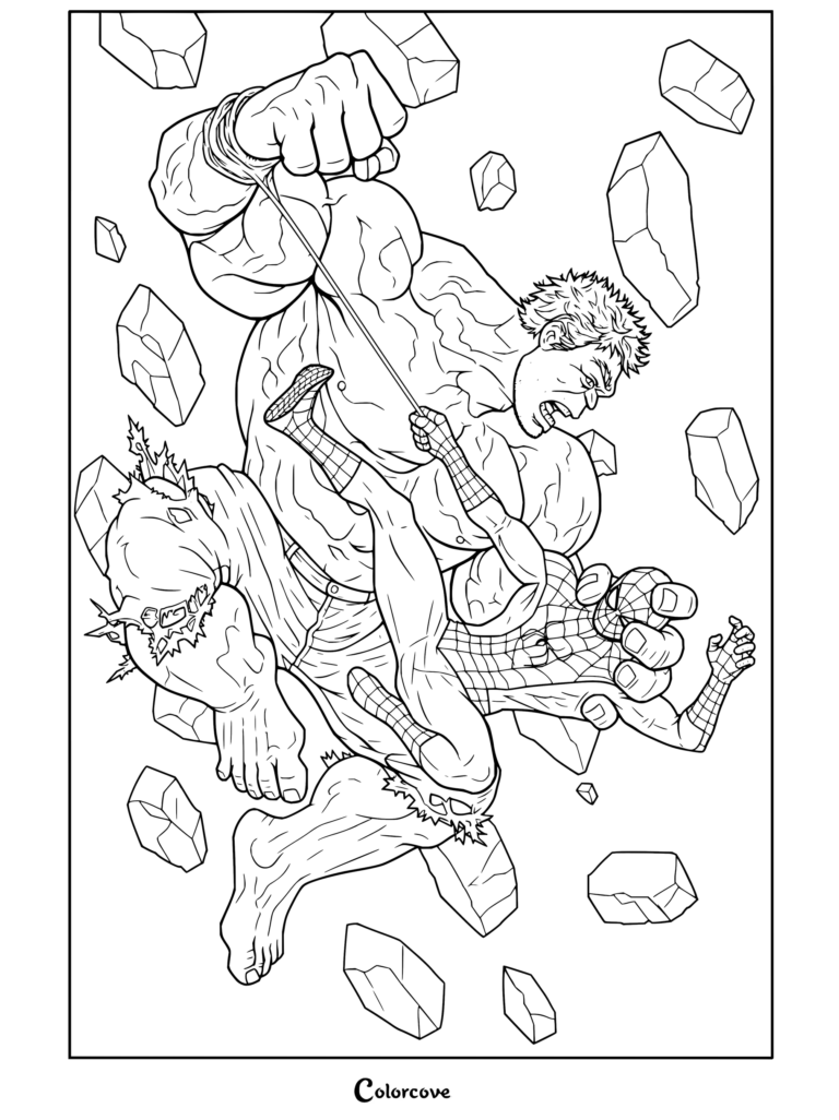 Dibujo para colorear de Spiderman con Hulk luchando contra Spider-Man rodeados de escombros voladores