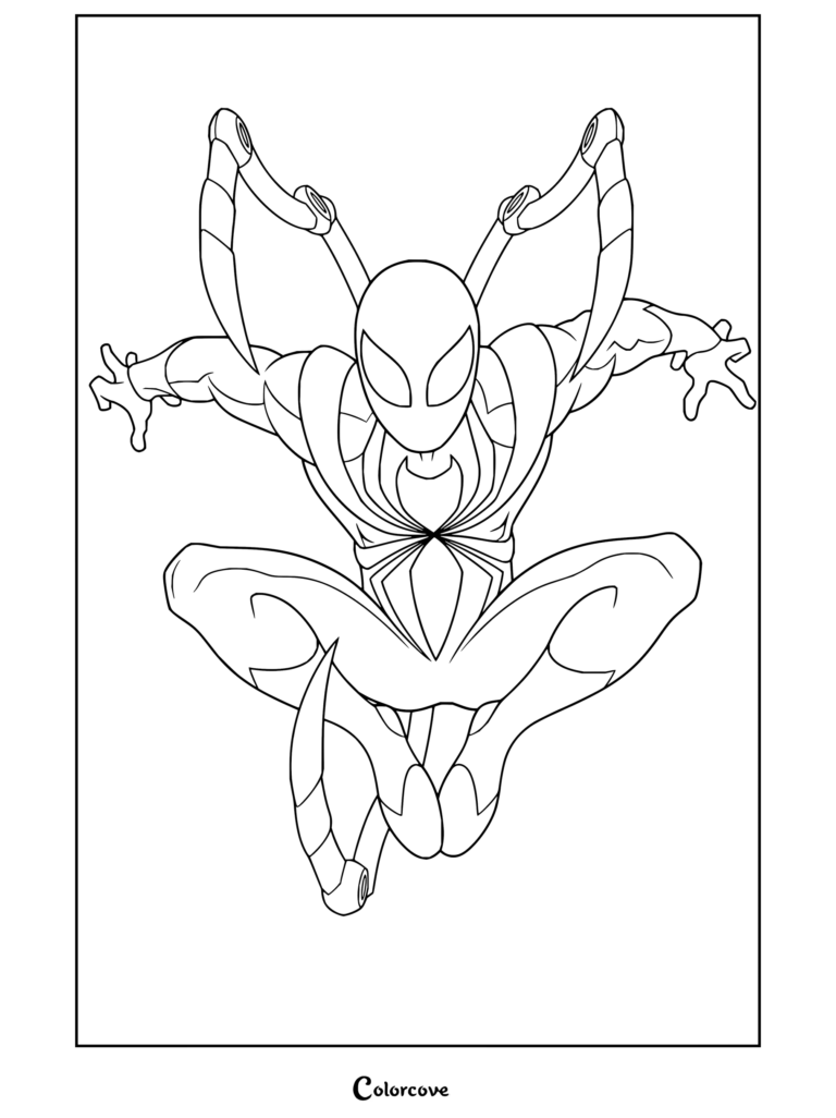 Dibujo para colorear de Spider-Man con traje de Iron Spider en armadura roja y dorada con patas mecánicas agachado y lanzando telarañas