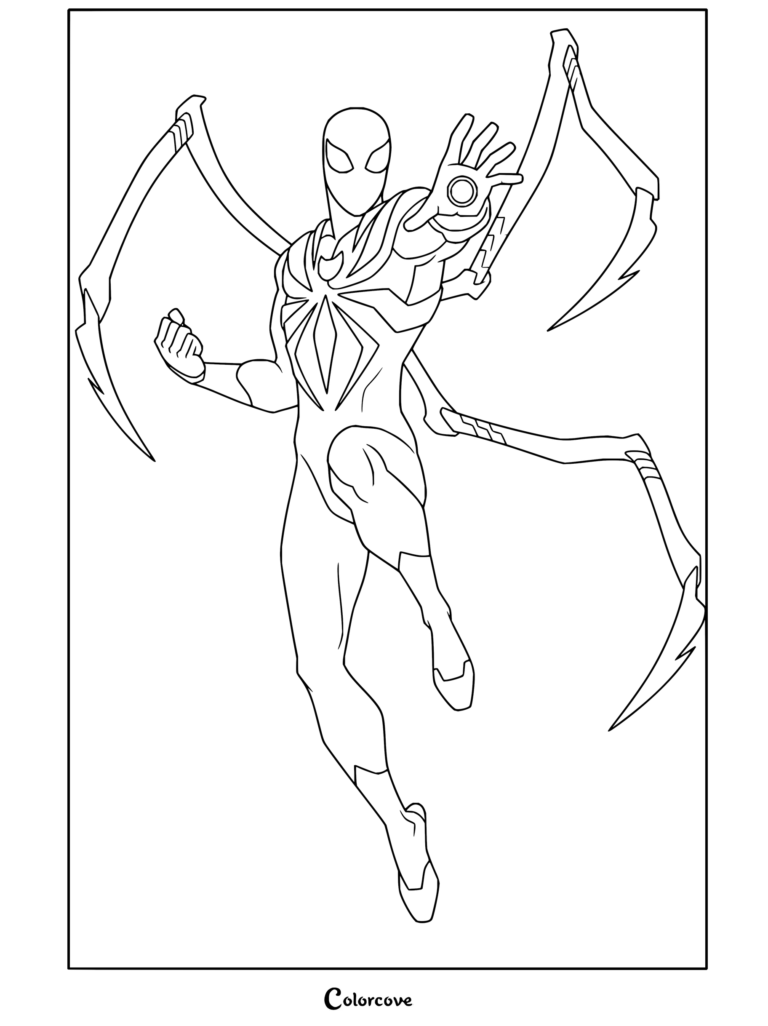 Dibujo para colorear de Spider-Man con traje de Iron Spider, patas mecánicas y mano repulsora brillante para niños y fans