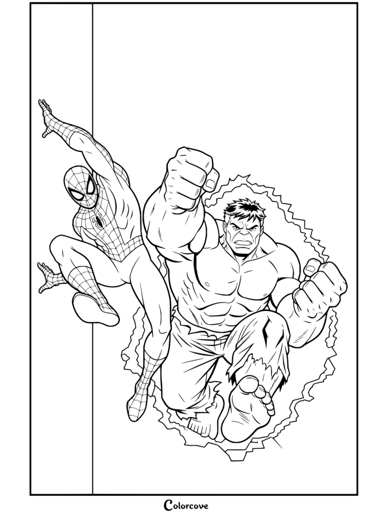 Dibujo para colorear de Spiderman y Hulk atravesando una pared de ladrillos en una postura llena de acción