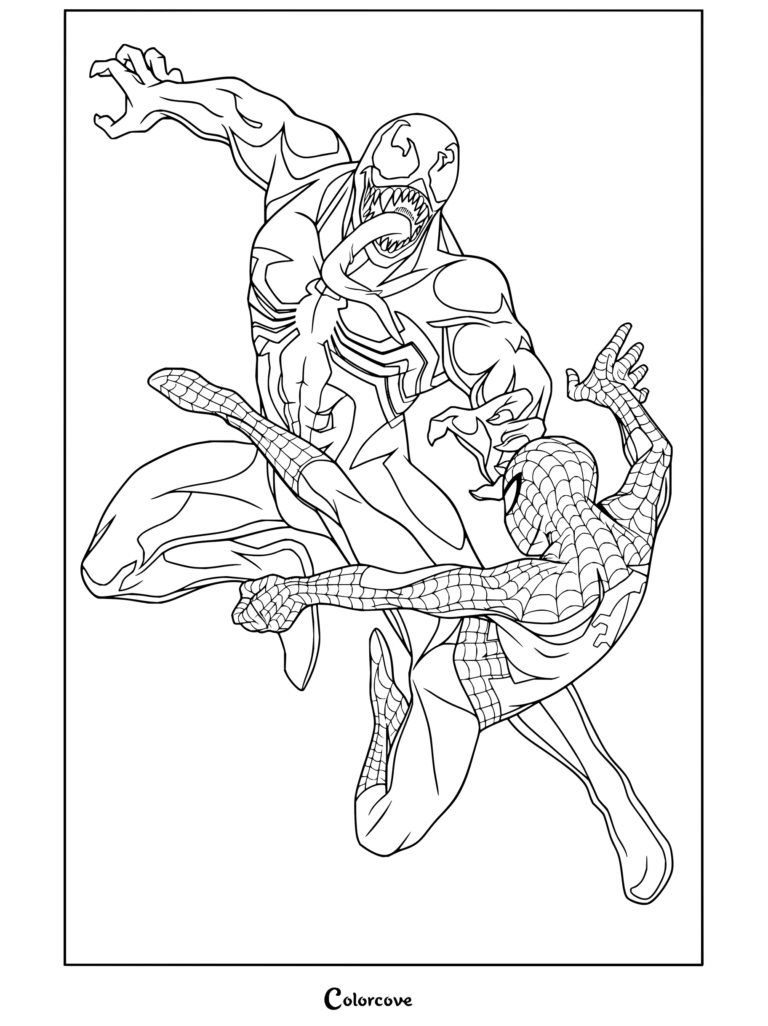 Dibujo para colorear de Spider-Man y Venom en una postura de combate dinámico en un entorno cubierto de telarañas