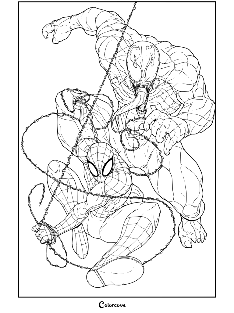 Dibujo para colorear de Spider-Man y Venom en posturas dinámicas rodeados de telarañas
