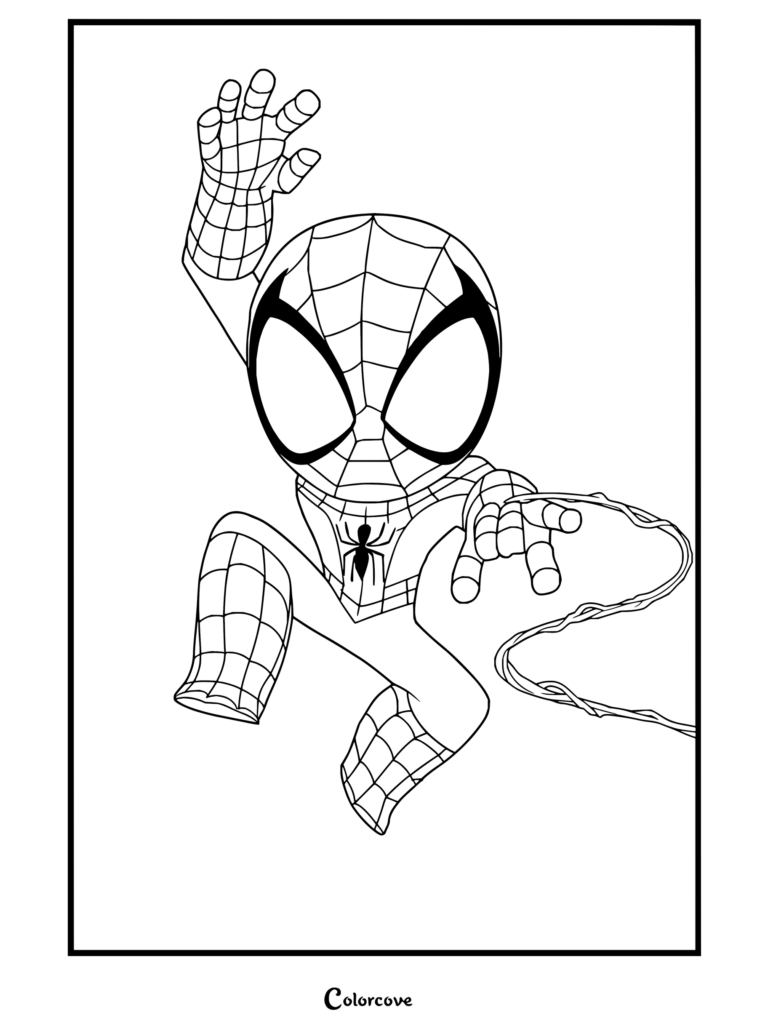 Dibujo para colorear de Spiderman estilo chibi ilustrado por Gurihiru balanceándose con su lanza-telarañas