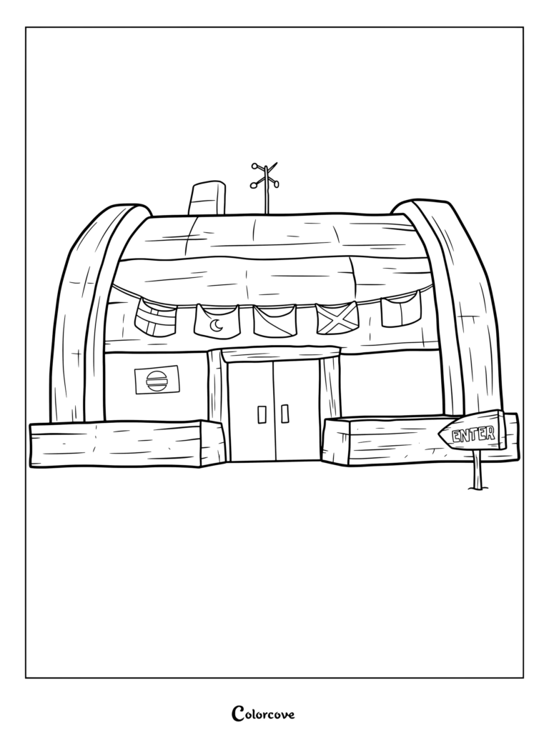 Coloriage du Crabe Croustillant montrant l'extérieur du célèbre restaurant avec un panneau d'entrée.