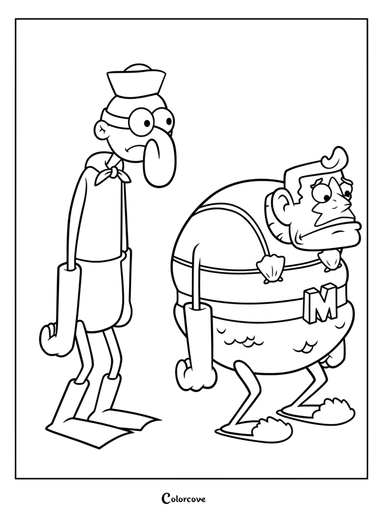 Coloriage de l'Homme Sirène et Bernard l'Ermite représentant le duo emblématique de super-héros de Bob l'éponge côte à côte dans leurs tenues classiques