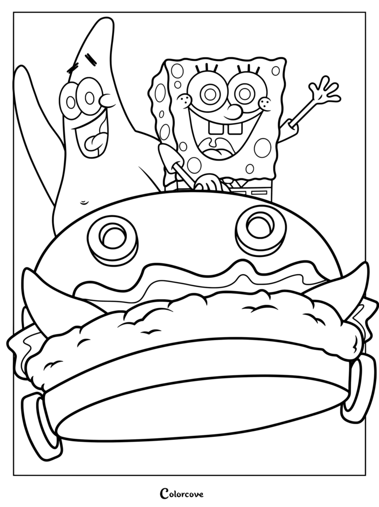 Coloriage de Patrick Étoile de mer conduisant l'iconique Pâté Wagon, une voiture géante en forme de Pâté de crabe tirée du film Bob l'éponge