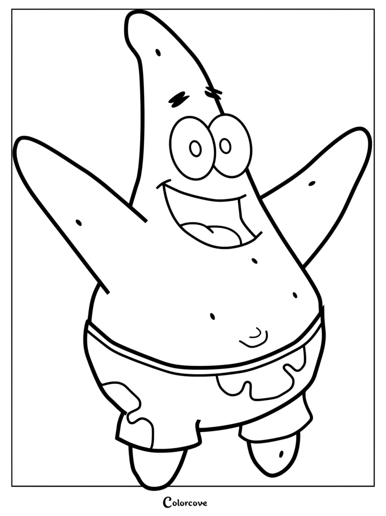 Coloriage de Patrick Étoile de mer, la célèbre étoile de mer rose, souriant à pleines dents les bras levés