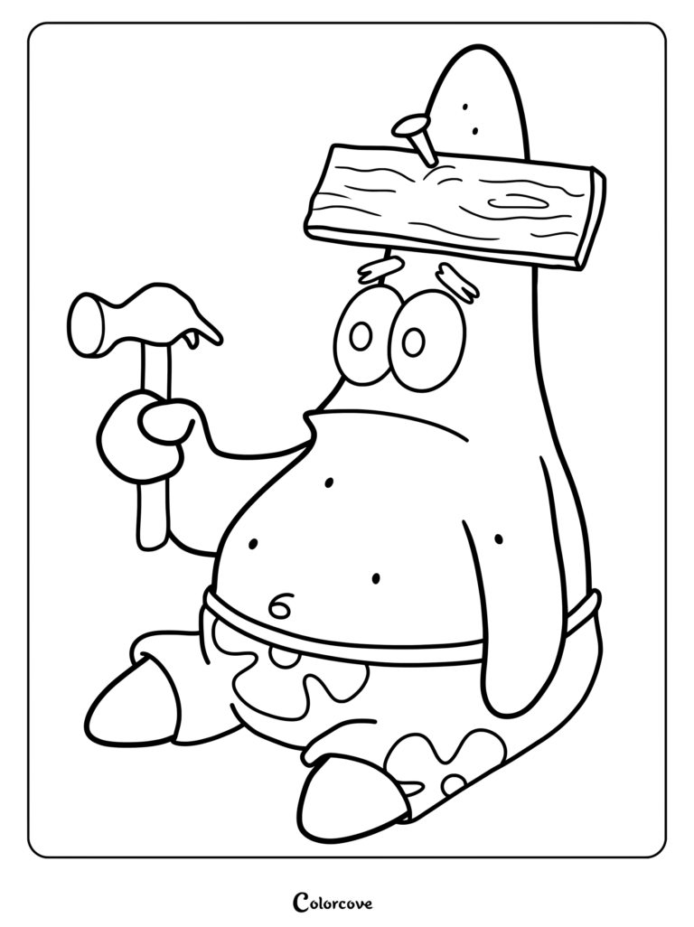 Coloriage de Patrick Étoile de mer dans Bob l'éponge, l'air perplexe avec une planche en bois clouée sur le front et un marteau à la main