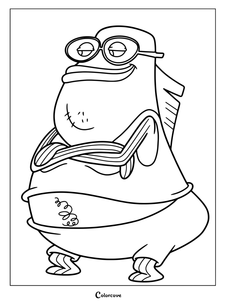 Coloriage à imprimer de Bubble Bass de Bob l'éponge debout, les bras croisés
