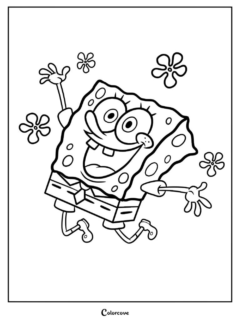 Coloriage de Bob l'éponge sautant de joie les bras levés sous des nuages de fleurs