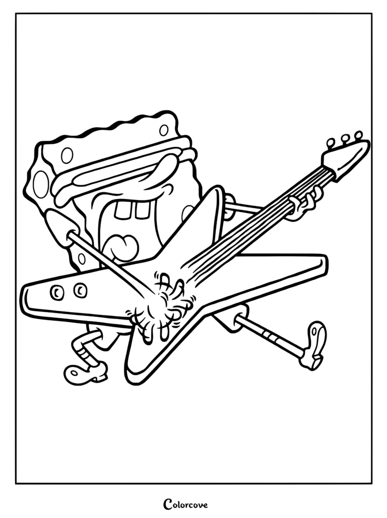 Coloriage de Bob l'éponge jouant d'une guitare électrique en forme d'étoile