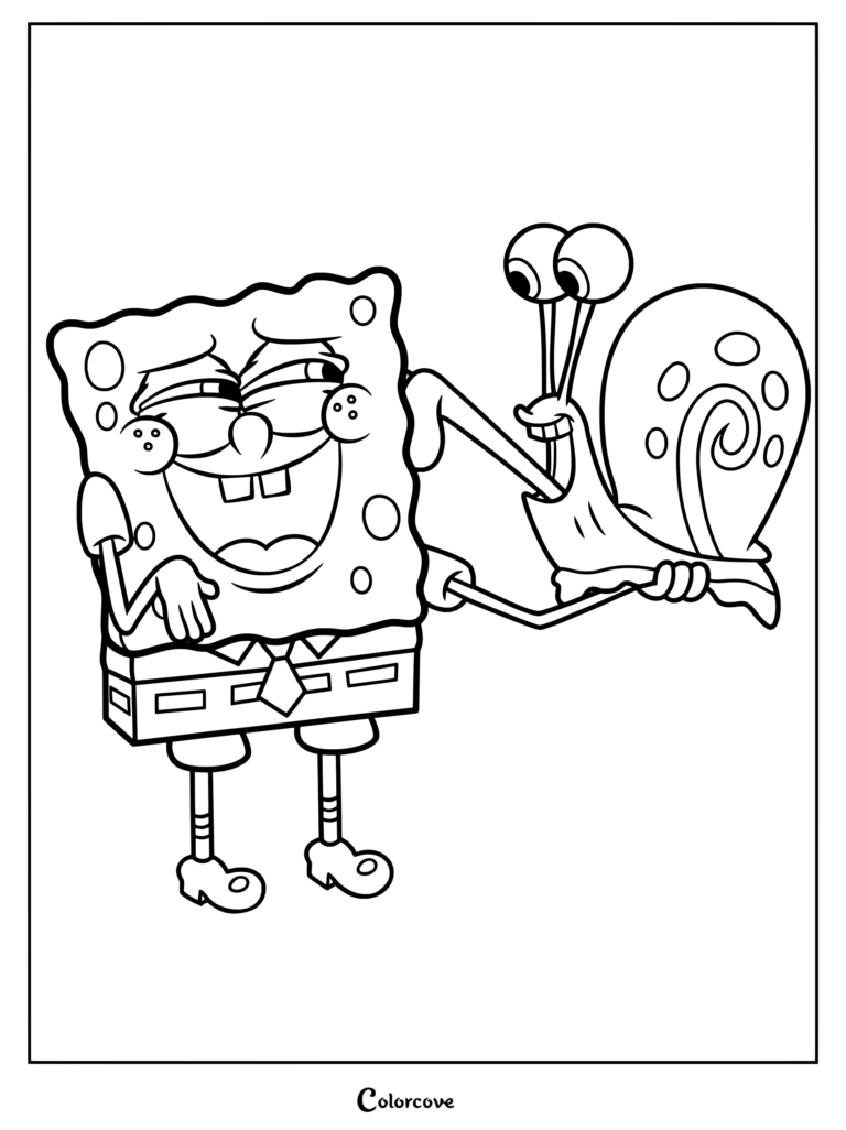 Coloriage de Bob l'éponge riant d'un air malicieux tout en tenant son escargot de compagnie, Gary l'escargot, qui lui lèche le visage avec une longue langue rose
