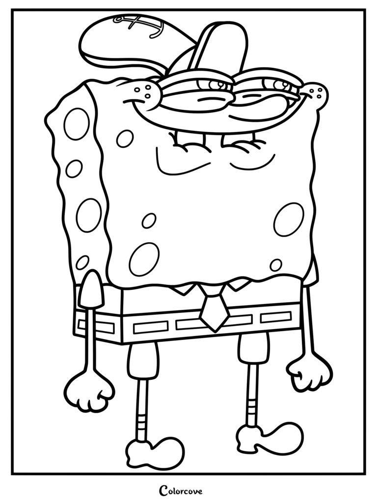 Coloriage de Bob l'éponge souriant d'un air malicieux et portant le chapeau du Capitaine Krabs
