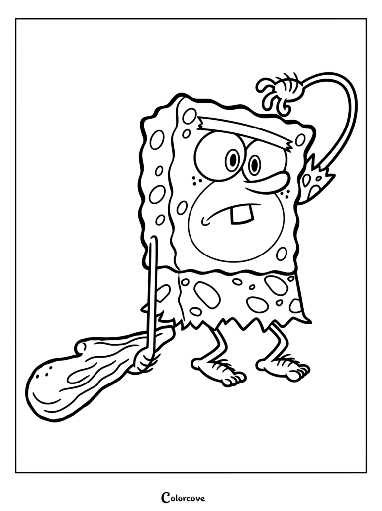 Coloriage à imprimer de SpongeGar, l'éponge préhistorique des cavernes, tenant une massue et se grattant la tête