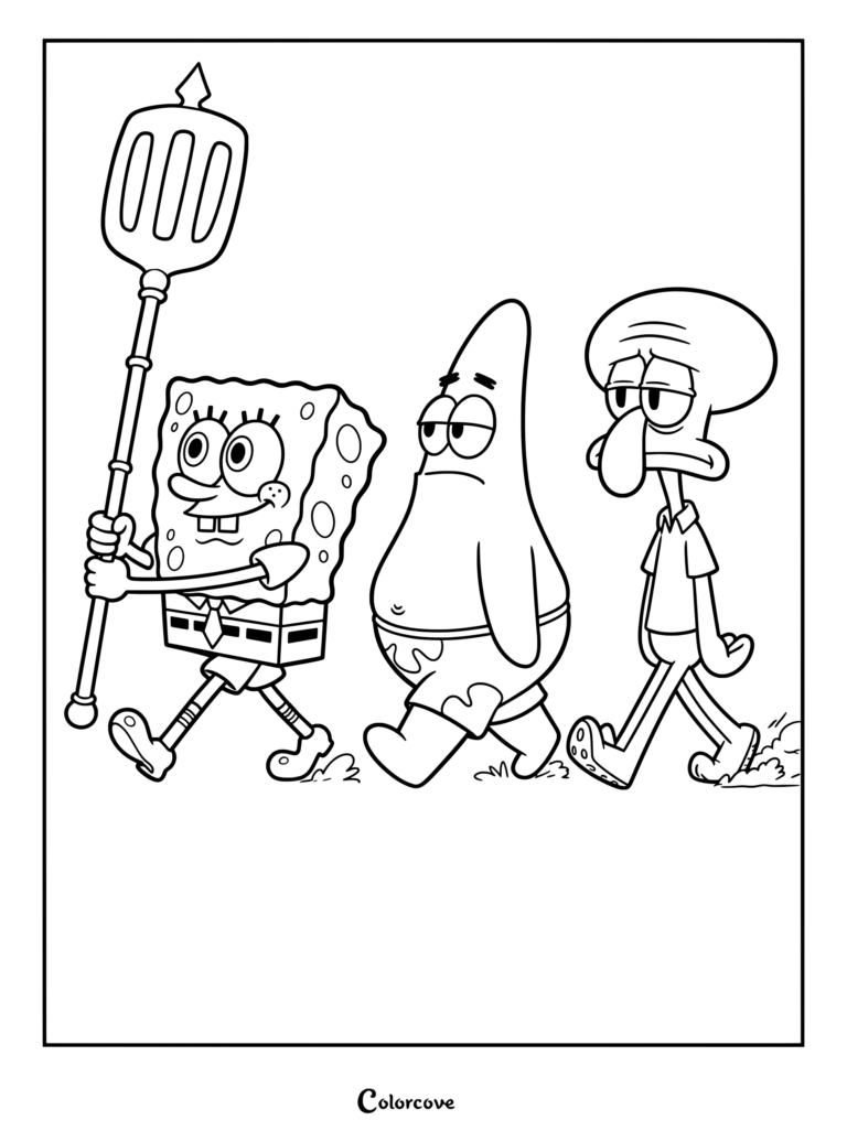 Coloriage à imprimer de Bob l'éponge tenant sa spatule dorée, Patrick Étoile de mer marchant au milieu, et Carlo Tentacules contrarié fermant la marche