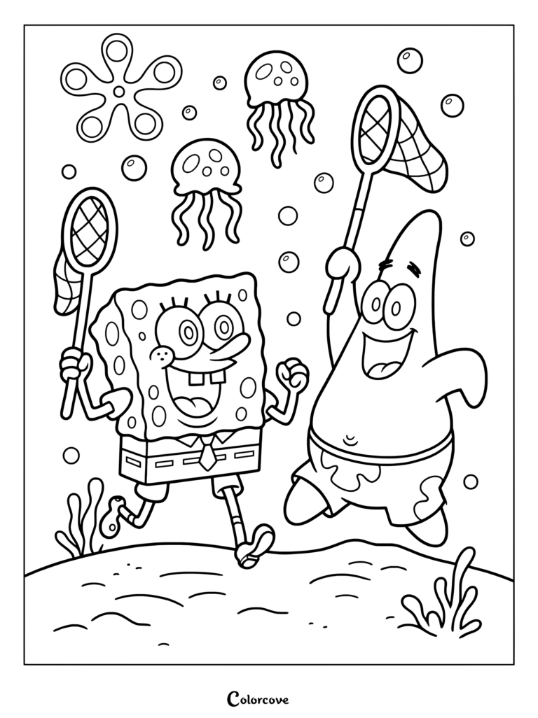 Coloriage de Bob l'éponge et Patrick Étoile de mer lors d'une aventure de chasse aux méduses à Bikini Bottom, tenant des filets pour attraper des méduses