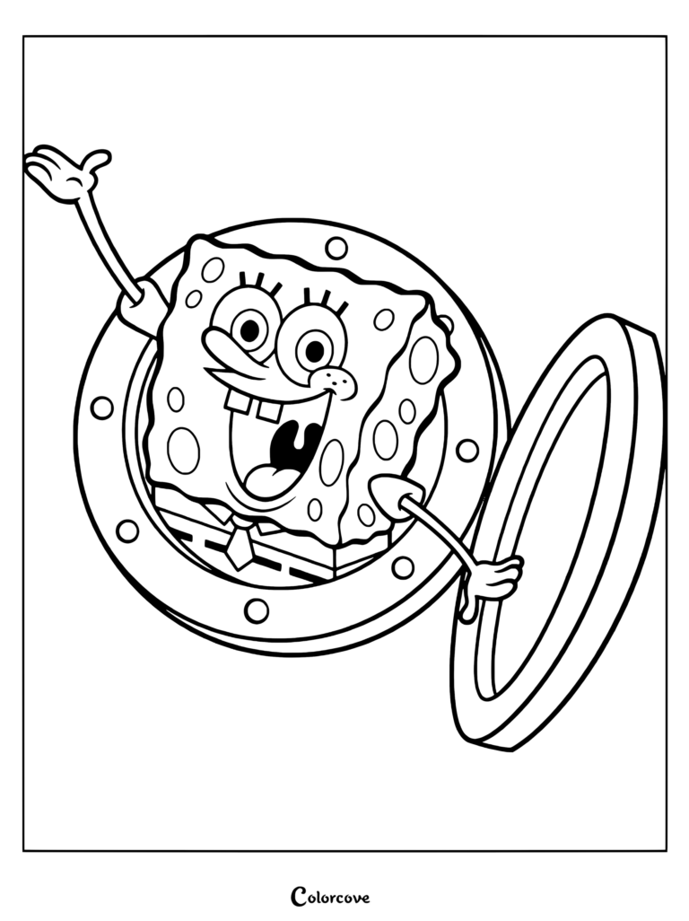 Coloriage de Bob l'éponge saluant joyeusement depuis le hublot circulaire de sa maison ananas
