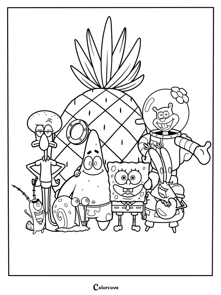 SpongeBob and friends gather in front of pineapple house.