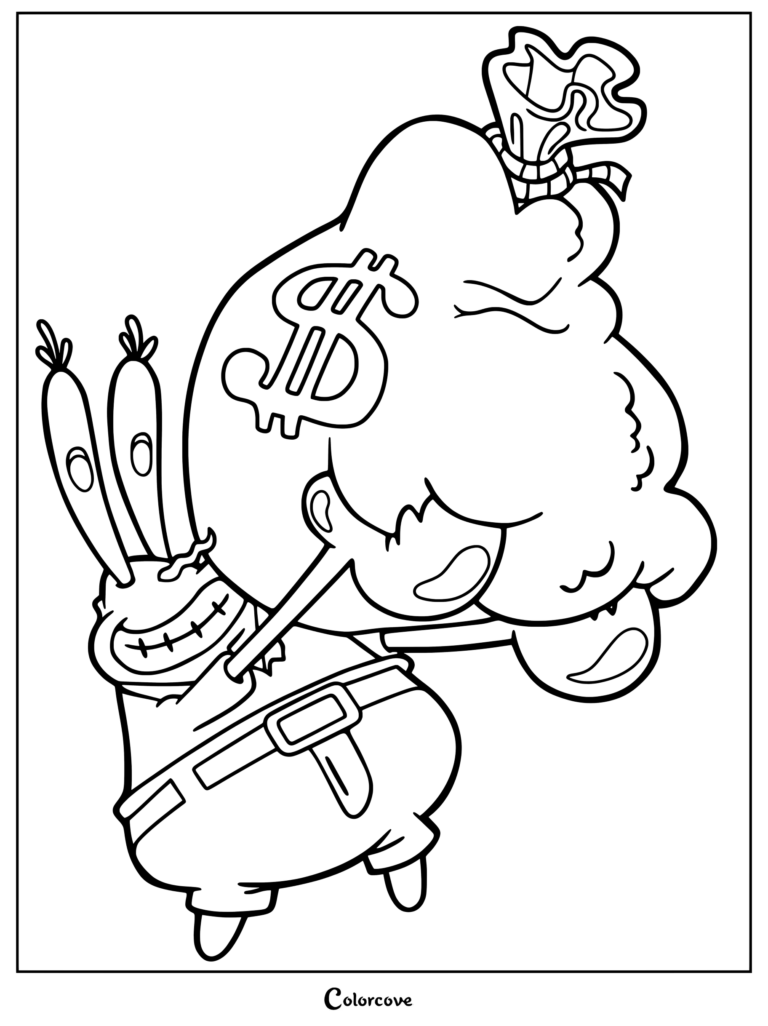 Coloriage du Capitaine Krabs dans Bob l'éponge, affichant un grand sourire et serrant avidement un grand sac bleu clair gravé d'un dollar vert foncé