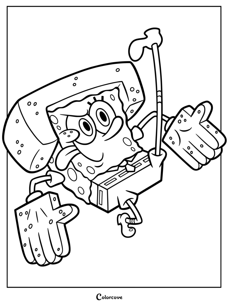 Coloriage de Bob l'éponge portant un équipement de combat de karaté avec un casque de protection rouge et des gants assortis, tirant la langue d'un air joueur tout en tenant un club de golf ou un bâton