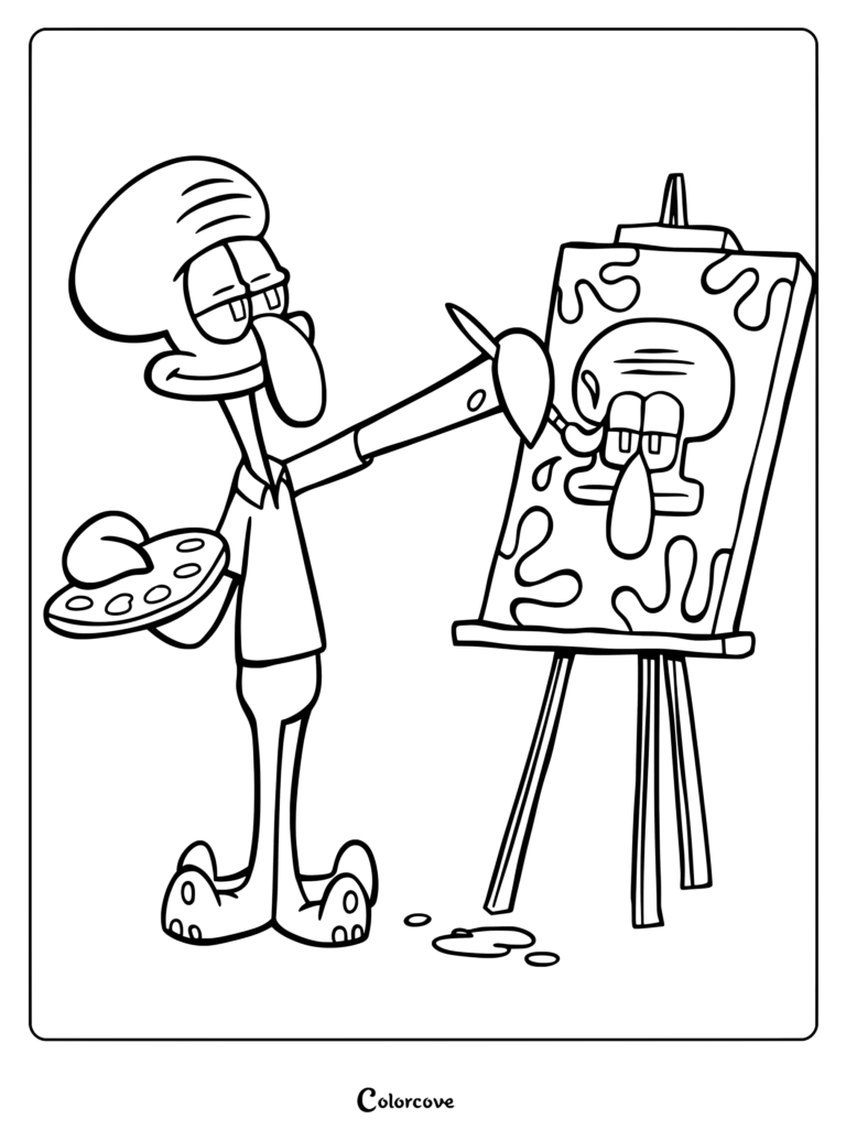 Coloriage de Carlo Tentacules en polo jaune peignant son auto-portrait sur un chevalet