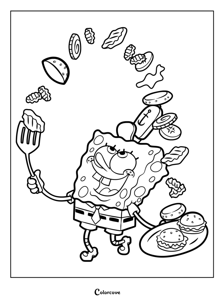 Coloriage de Bob l'éponge jonglant avec les ingrédients du Pâté de crabe et une spatule tout en tenant une assiette de burgers