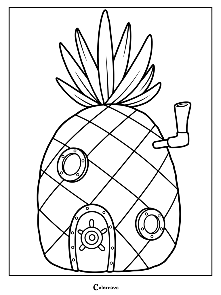 Coloriage de l'emblématique maison ananas de Bob l'éponge située au 124 Rue de la Coquille à Bikini Bottom