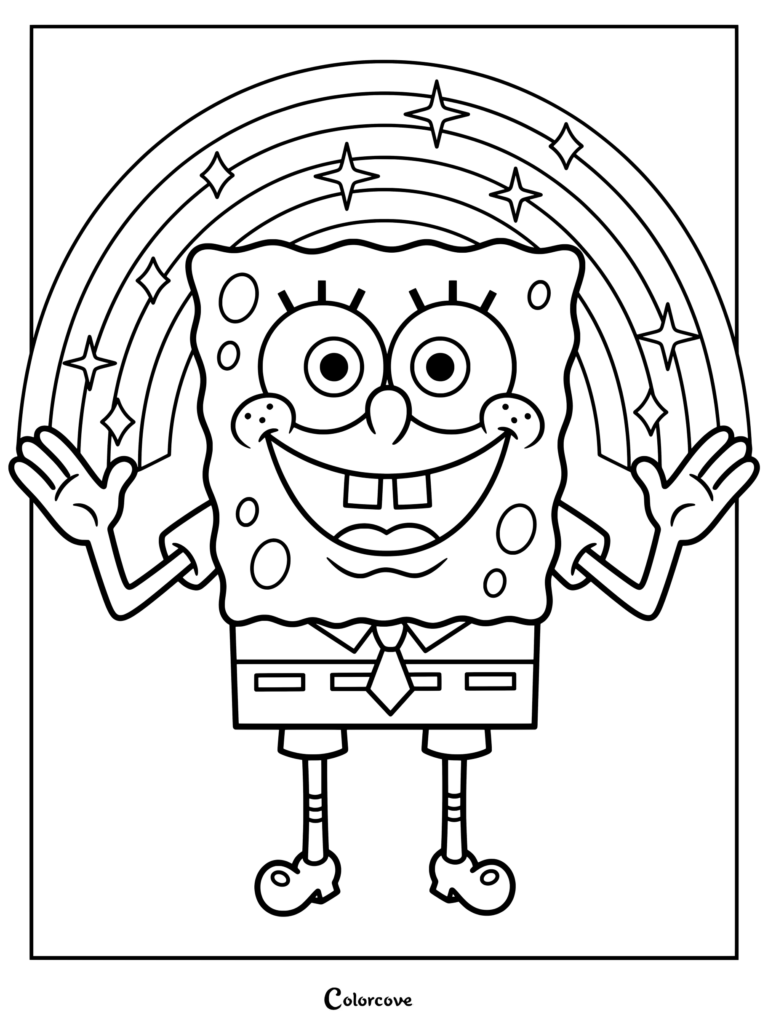 Coloriage de Bob l'éponge souriant les mains ouvertes devant l'Arc-en-ciel de l'imagination