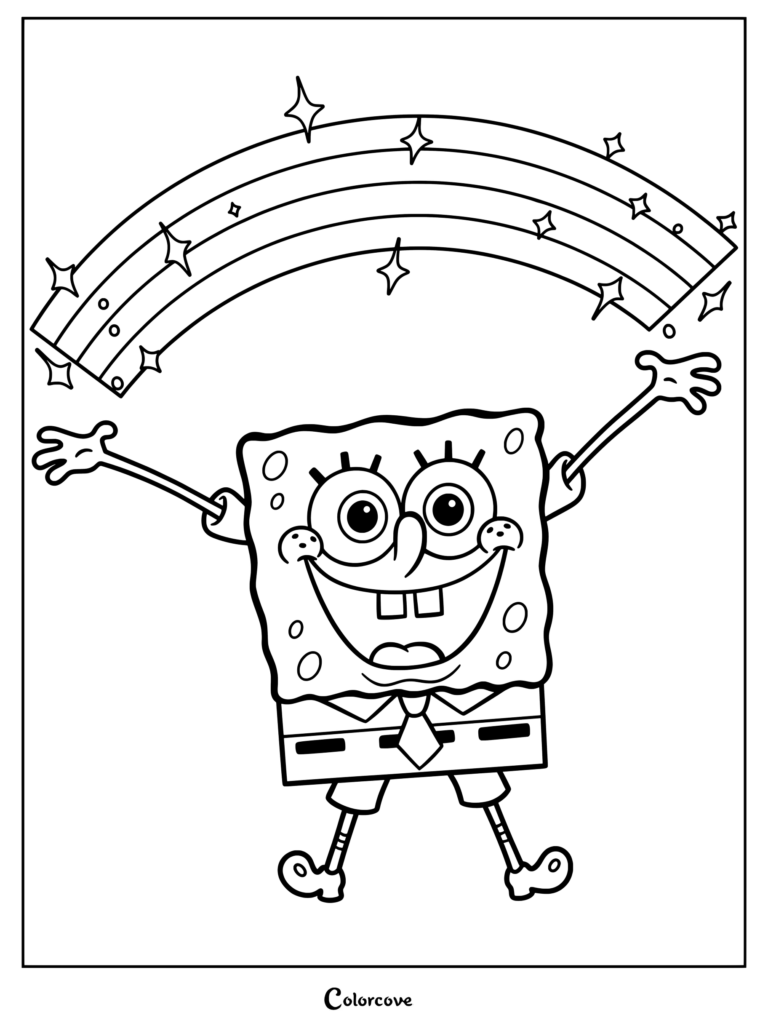 Coloriage à imprimer de Bob l'éponge brandissant l'Arc-en-ciel de l'imagination avec des étoiles étincelantes