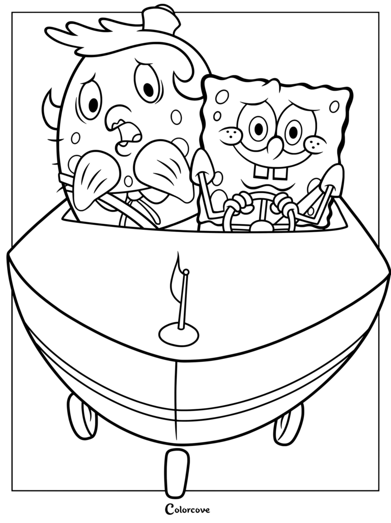 Coloriage de Bob l'éponge enthousiaste conduisant un Bateau-mobile tandis que Madame Puff, paniquée, réagit avec terreur depuis le siège passager