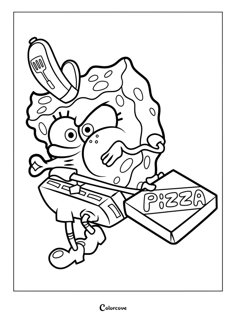 Coloriage de Bob l'éponge tenant la légendaire Pizza du Crabe Croustillant tirée du célèbre épisode de la saison 1, Livraison de pizza