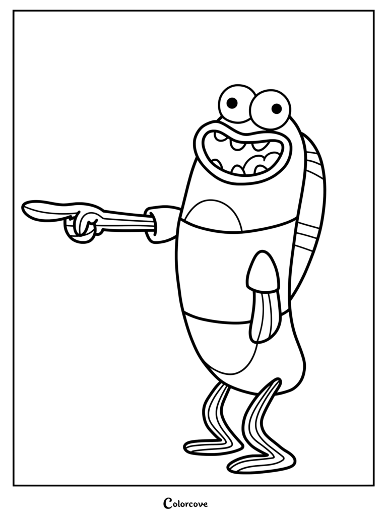 Dessin au trait à colorier de Bob l'éponge montrant chaque personnage de poisson d'arrière-plan pointant vers l'avant.