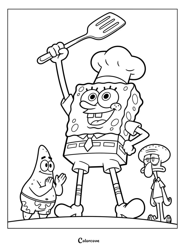 Coloriage de Bob l'éponge posant triomphalement avec une spatule dorée tout en portant une toque de chef, entouré de Patrick Étoile de mer et Carlo Tentacules