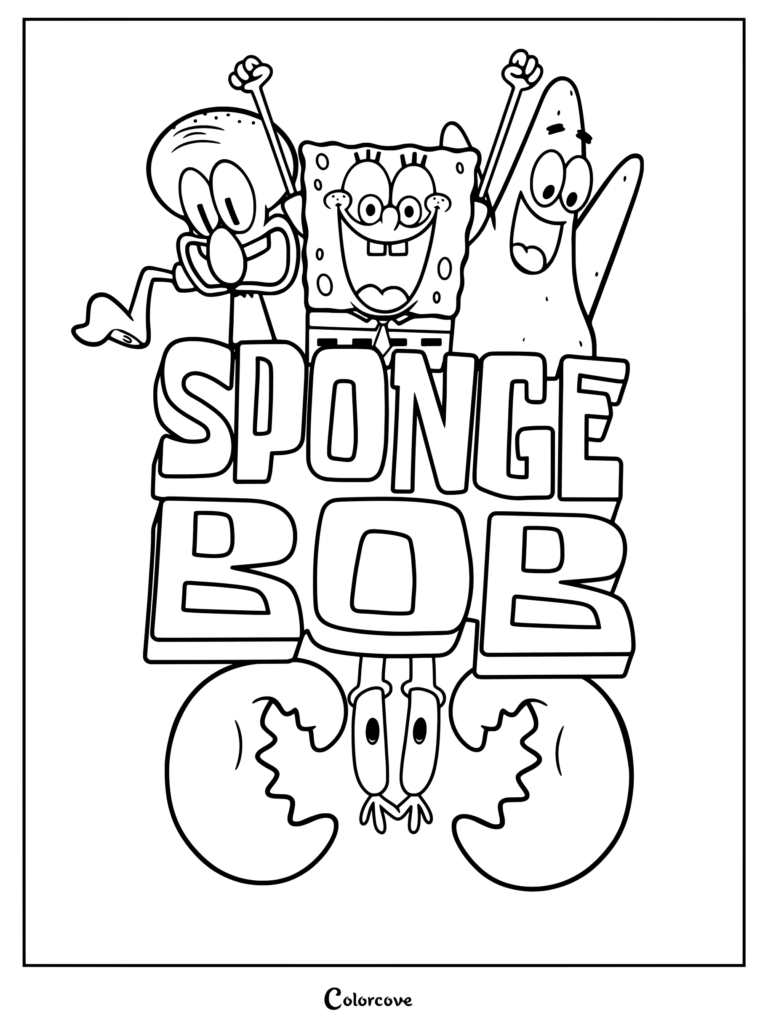 Coloriage du logo-titre promotionnel et des personnages de Bob l'éponge avec des lettres en relief audacieuses