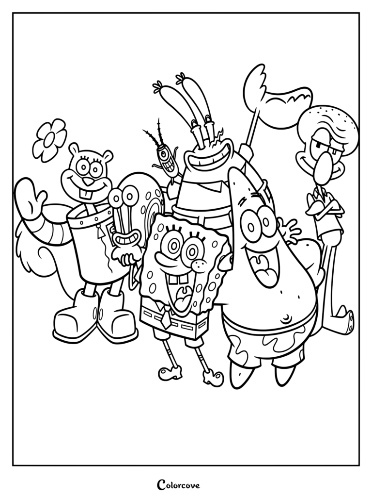 Coloriage du groupe de personnages principaux de Bob l'éponge avec Bob l'éponge, Patrick Étoile de mer, Carlo Tentacules, Capitaine Krabs, Sandy Écureuil et Plankton