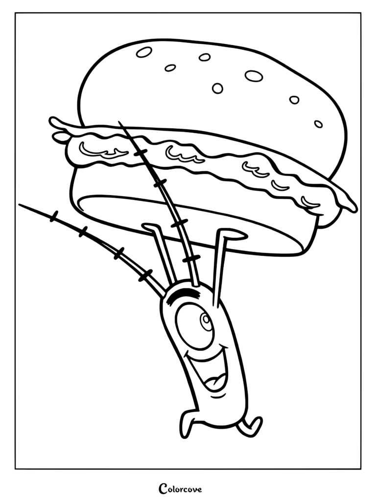 Coloriage à imprimer de Plankton portant joyeusement un énorme Pâté de crabe au-dessus de sa tête